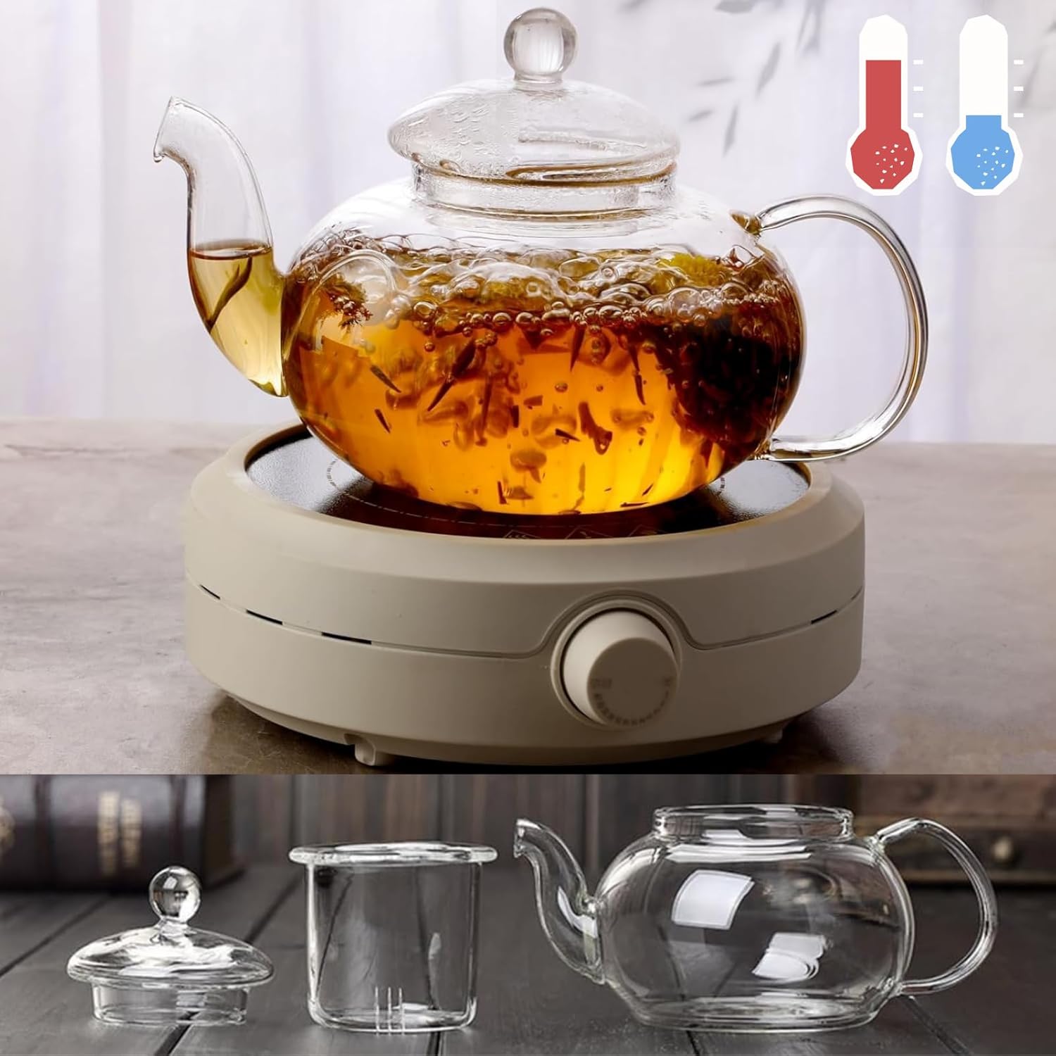 Glass Teapot Set with Removable Infuser, Atarvana 600ml Glass Tea Kettle with Loose Tea Infuser, 100ml Tea Cup & Saucer Set of 4, Elegant Blooming Tea Gift Set - Image 2