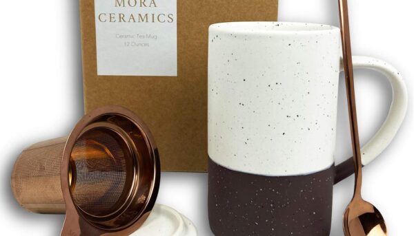 Mora Ceramics Tea Cup with Loose Leaf Infuser, Spoon and Lid, 12 oz, Microwave and Dishwasher Safe Coffee Mug - Rustic Matte Ceramic Glaze, Modern Herbal Tea Strainer - Great Gift for Women, Garnet