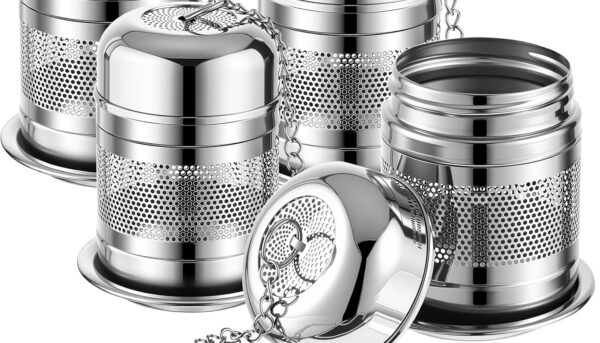 Umigy 4 Pcs Tea Infuser Strainers for Loose Tea with Scoop, Extra Fine Mesh Steeper 304 Stainless Steel Diffuser Leaf Holder with Extended Chain Hook for Brew, Spices, Seasoning (Stylish Style)