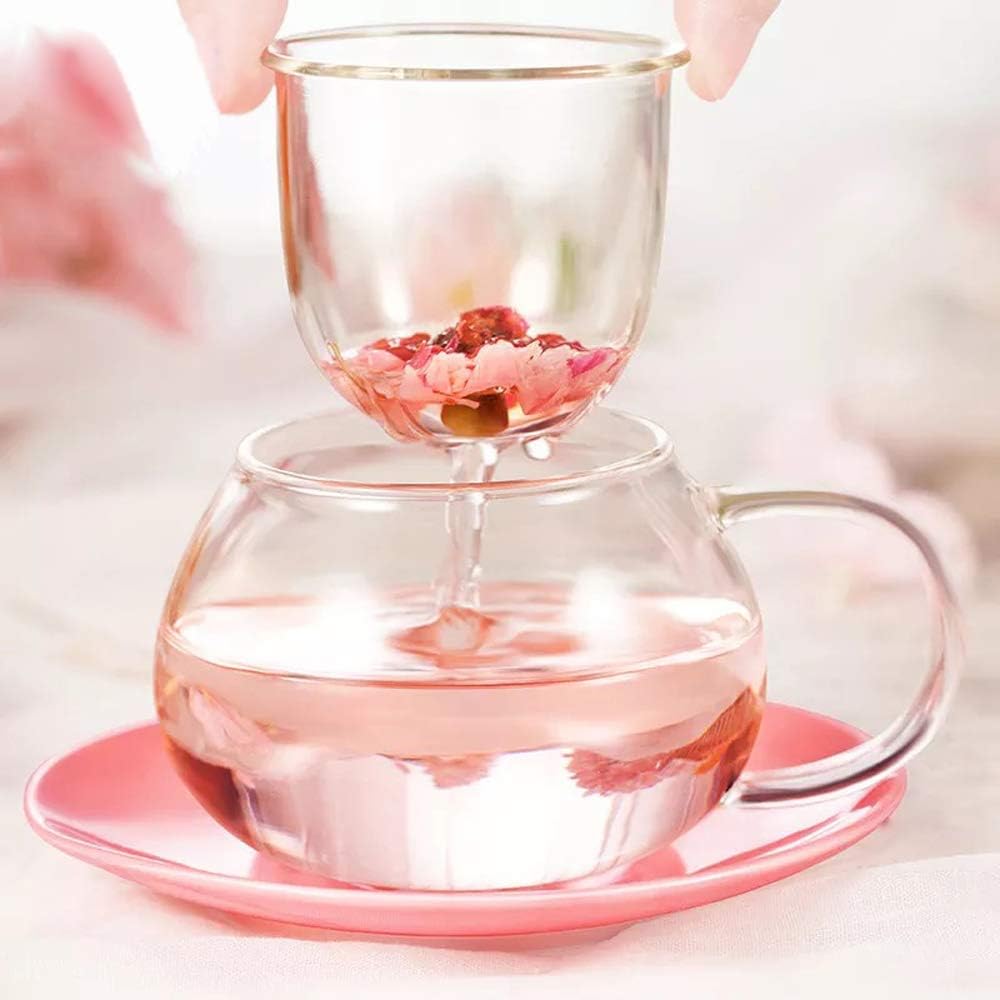 Mushroom Tea Cup Set, Cute Glass Tea Cups and Saucers, Kawaii Tea Cup with Infuser for Loose Leaf Tea Steeper, Coffee Mug Christmas Gifts for Women, Tea Infuser Mug with Lid for Mother Girls (Orange) - Image 2