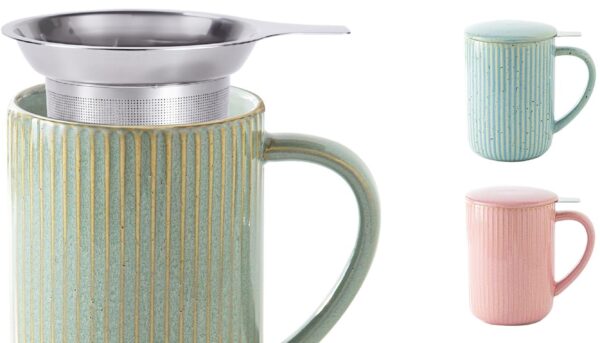 Yundu 15.5oz/470ml Flambe Green Ceramics Teacups with Infuser and Lid, Loose Leaf Tea Cup