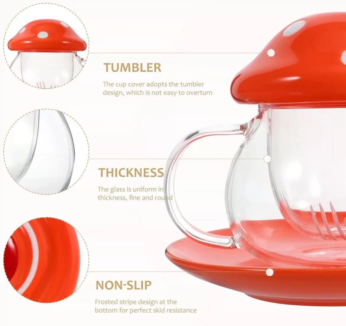 Mushroom Tea Cup Set, Cute Glass Tea Cups and Saucers, Kawaii Tea Cup with Infuser for Loose Leaf Tea Steeper, Coffee Mug Christmas Gifts for Women, Tea Infuser Mug with Lid for Mother Girls (Orange) - Image 4