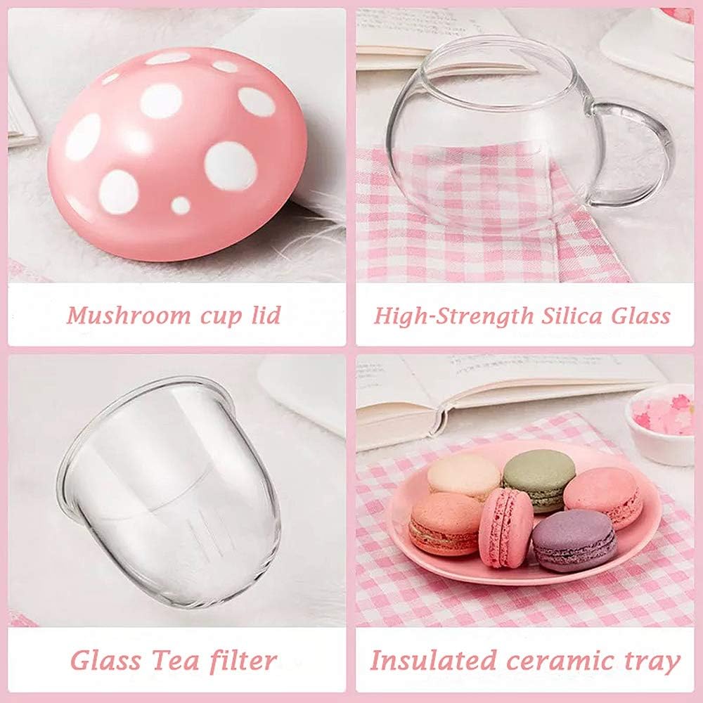 Mushroom Tea Cup Set, Cute Glass Tea Cups and Saucers, Kawaii Tea Cup with Infuser for Loose Leaf Tea Steeper, Coffee Mug Christmas Gifts for Women, Tea Infuser Mug with Lid for Mother Girls (Orange) - Image 5