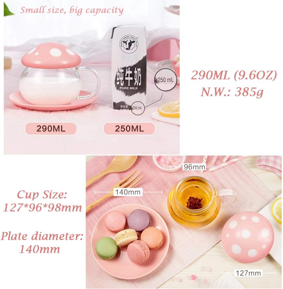 Mushroom Tea Cup Set, Cute Glass Tea Cups and Saucers, Kawaii Tea Cup with Infuser for Loose Leaf Tea Steeper, Coffee Mug Christmas Gifts for Women, Tea Infuser Mug with Lid for Mother Girls (Orange) - Image 6