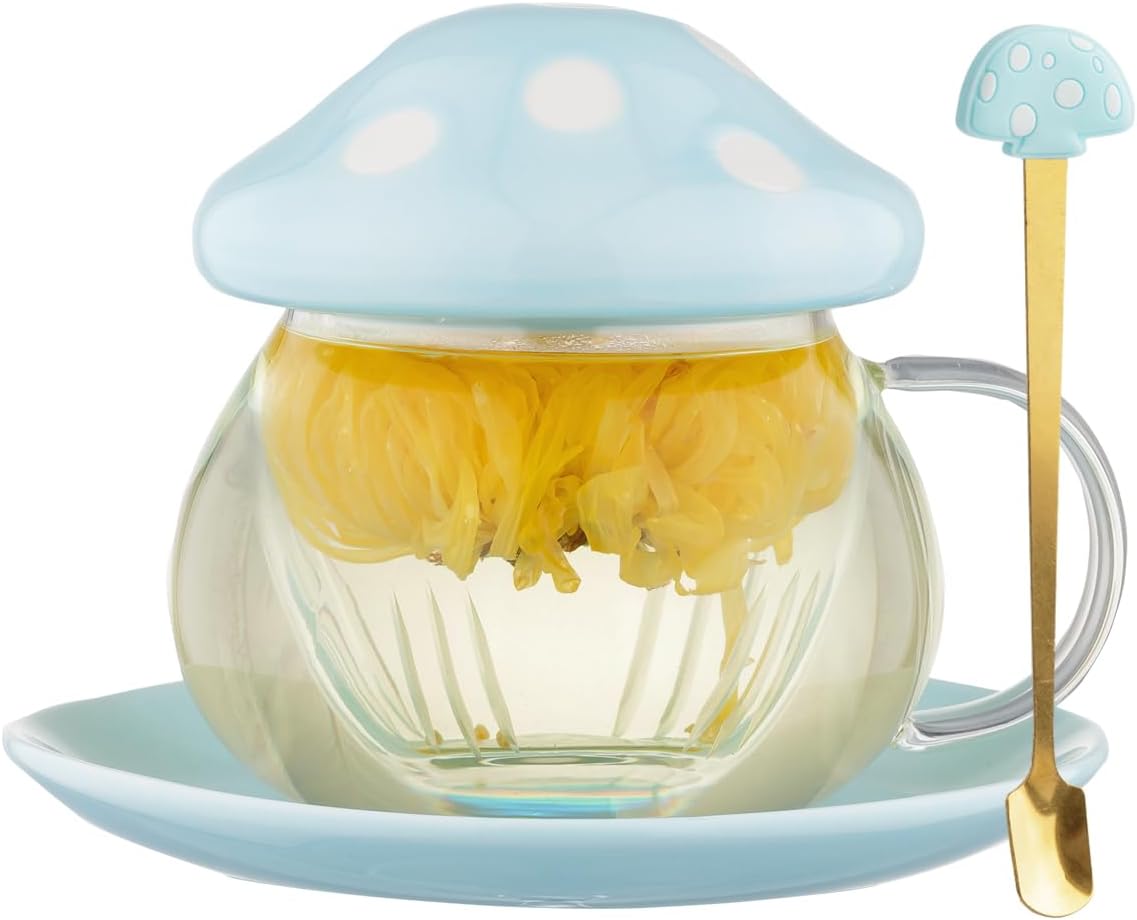 Mushroom Tea Cup Set, Cute Glass Tea Cups and Saucers, Kawaii Tea Cup with Infuser for Loose Leaf Tea Steeper, Coffee Mug Christmas Gifts for Women, Tea Infuser Mug with Lid for Mother Girls (Orange) - Image 7