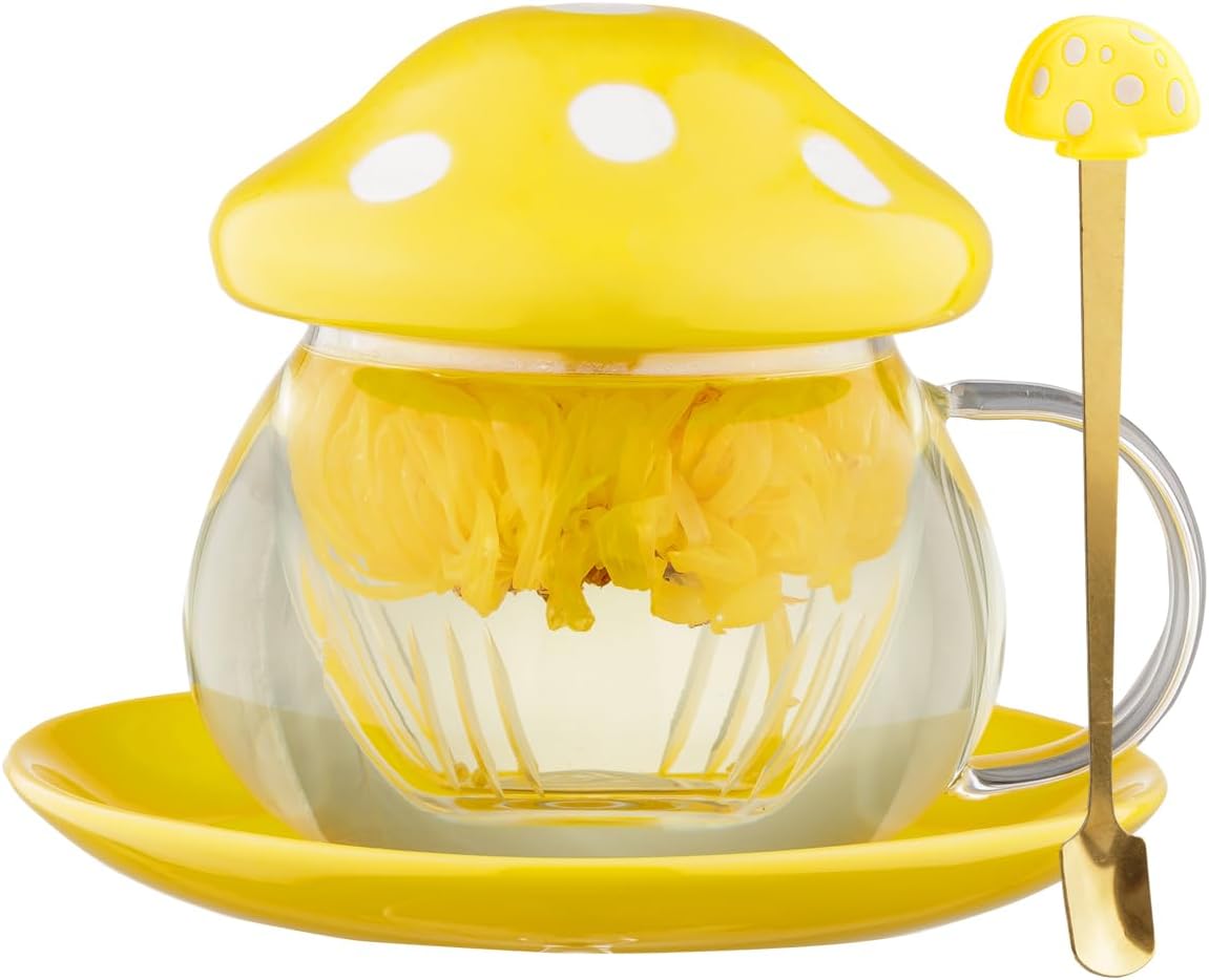 Mushroom Tea Cup Set, Cute Glass Tea Cups and Saucers, Kawaii Tea Cup with Infuser for Loose Leaf Tea Steeper, Coffee Mug Christmas Gifts for Women, Tea Infuser Mug with Lid for Mother Girls (Orange) - Image 8