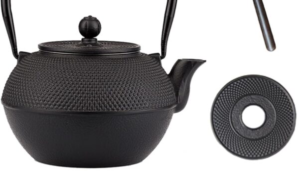 YJX Cast Iron Tea Pot Set, Japanese Tetsubin, 40.6oz Tea Kettle for Stovetop, Black Teapot with Stainless Steel Infuser for Loose Leaf Tea, 1200ml Small Asian Tea Set with Teacups