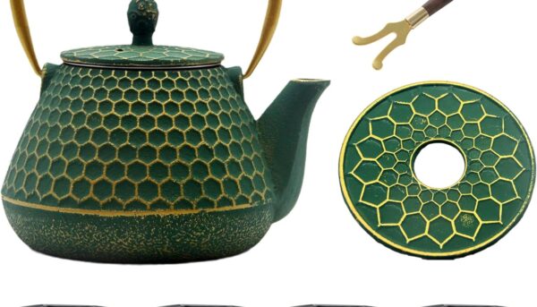 YJX Cast Iron Teapot and Cups Set, 33.8oz Hexagon Pattern Tea Pot Enameled Interior, Tea Kettle for Stovetop, Japanese Teapot Set with Teacups for Adults, Green Kettle with Infuser for Loose Leaf