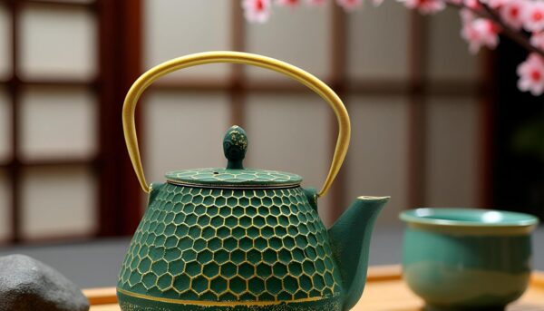 Alternative view of YJX Cast Iron Teapot and Cups Set, 33.8oz Hexagon Pattern Tea Pot Enameled Interior, Tea Kettle for Stovetop, Japanese Teapot Set with Teacups for Adults, Green Kettle with Infuser for Loose Leaf