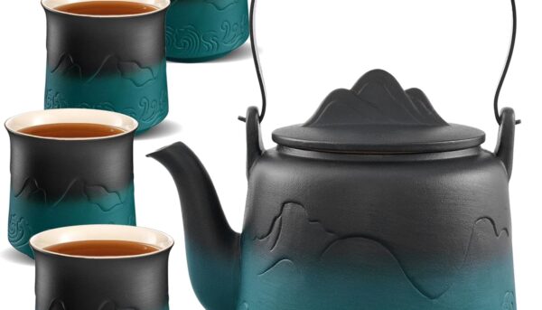 ZENS Vintage Japanese Tea Set, Gradient Embossed Ceramic Japanese Teapot with 4 Teacups, Hemp Rope Handle 33.8 oz Loose Leaf Teapot with Built-in Strainer for Tea Steeper Gifts, Black & Green