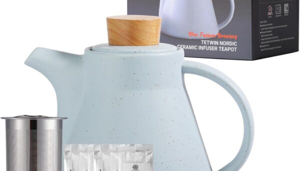 TETWIN Ceramic Teapot with Infuser, 25oz Blue Tea Pot with 8 Loose Leaf Tea Samplers Gift Set u2013 Small Teapot for Full Leave Tea, Elegant Nordic Design, Dishwasher Safe