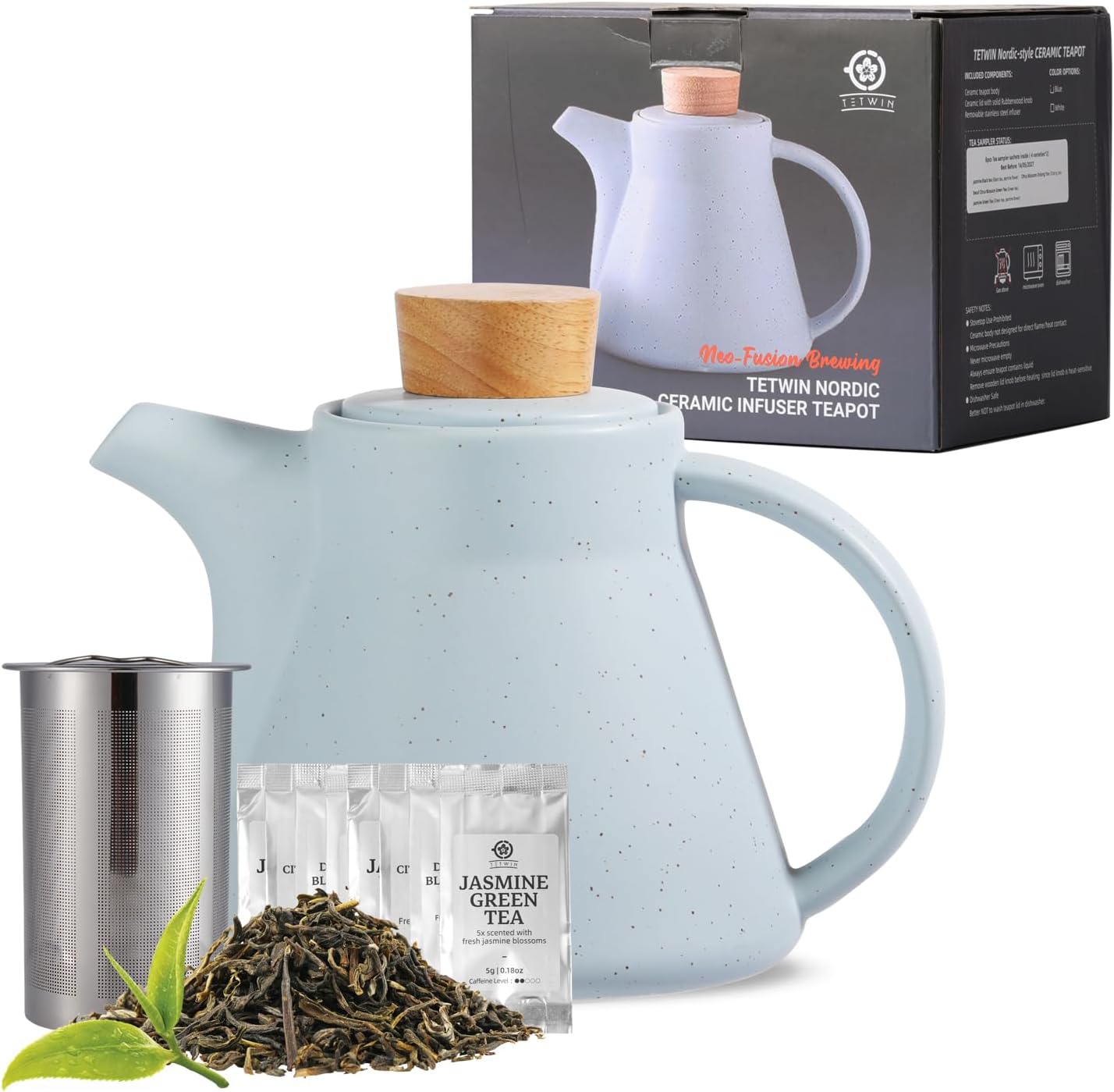 TETWIN Ceramic Teapot with Infuser, 25oz Blue Tea Pot with 8 Loose Leaf Tea Samplers Gift Set u2013 Small Teapot for Full Leave Tea, Elegant Nordic Design, Dishwasher Safe