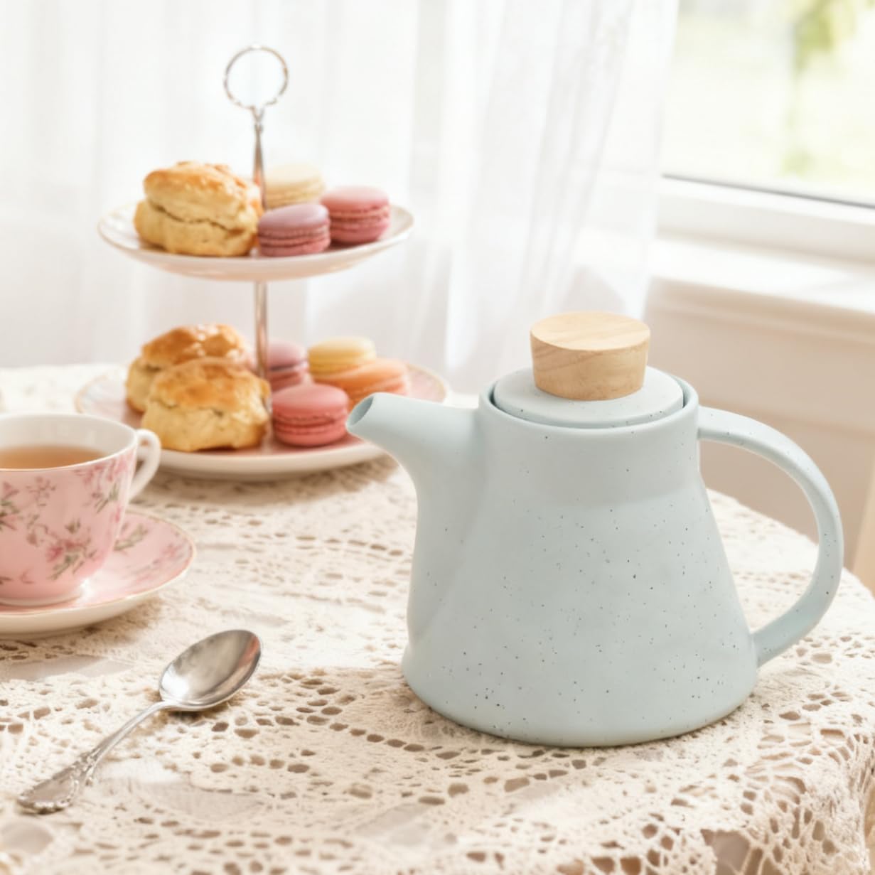 TETWIN Ceramic Teapot with Infuser, 25oz Blue Tea Pot with 8 Loose Leaf Tea Samplers Gift Set u2013 Small Teapot for Full Leave Tea, Elegant Nordic Design, Dishwasher Safe - Image 2