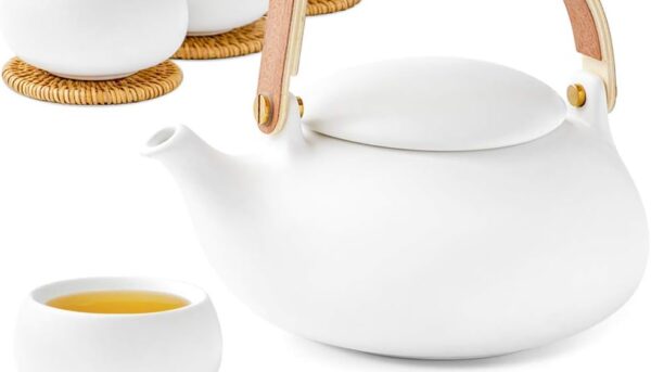 ZENS Modern Japanese Tea Set, 27 oz Ceramic Japanese Teapot with Fine Stainers and 4 Cups for Loose Leaf Tea Steeper, Wood Handle Matte Japanese Teapots Hot Tea Brewer for Tea Party Women Gifts