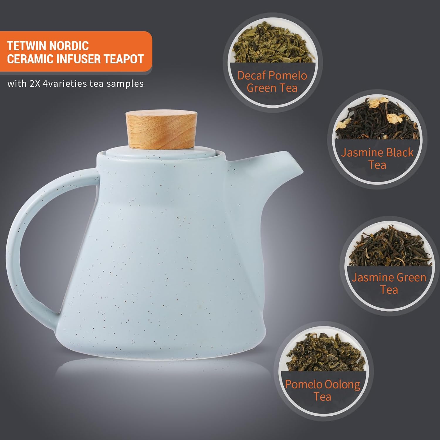 TETWIN Ceramic Teapot with Infuser, 25oz Blue Tea Pot with 8 Loose Leaf Tea Samplers Gift Set u2013 Small Teapot for Full Leave Tea, Elegant Nordic Design, Dishwasher Safe - Image 4