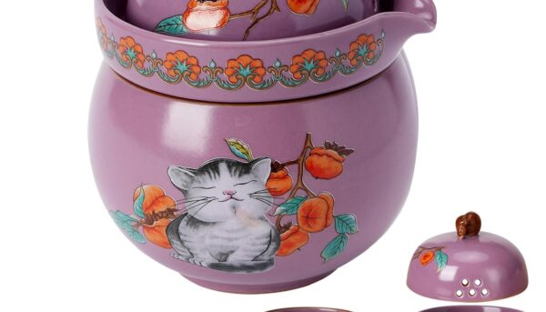 Mini Tea Cups,Cute Lucky Cat Cups,Small Tea Mugs,Porcelain Gongfu Tea set with 3 in 1,Tea Sets for Adults,Ceramic Tea Infuser Cup for Loose Leaf for Women/Tea Lovers/Birthday/Valentine's Day (Purple)