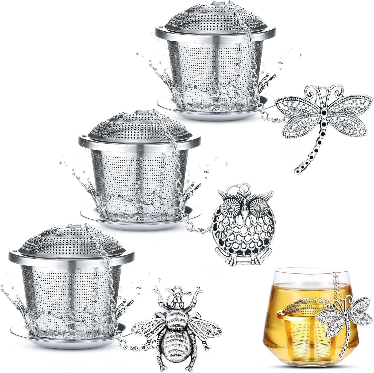 3 Sets Tea Infusers Steeper for Loose Leaf Tea Holder Stainless Steel Tea Ball Mesh Strainer Filters with Drip Trays and Pendant(Insects Style)