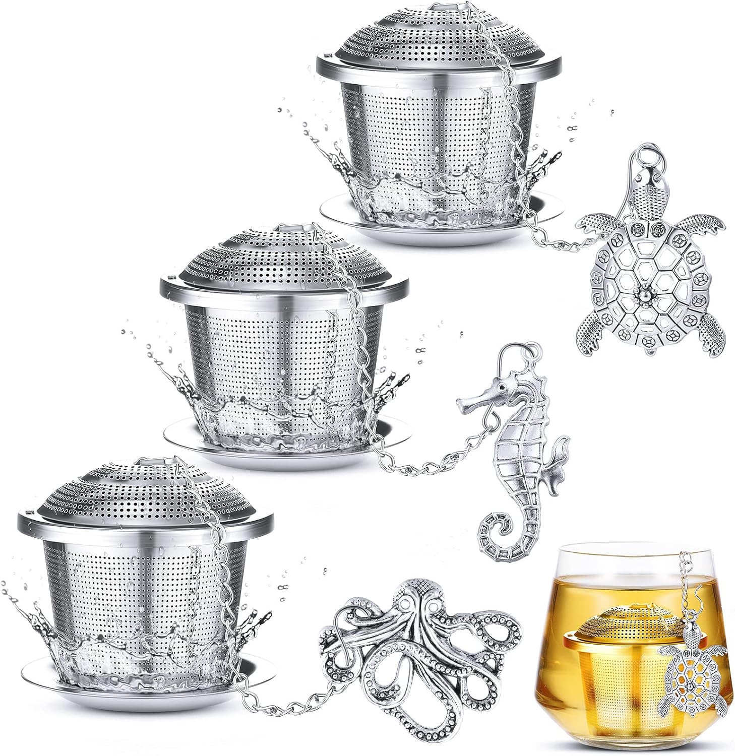 3 Sets Tea Infusers Steeper for Loose Leaf Tea Holder Stainless Steel Tea Ball Mesh Strainer Filters with Drip Trays and Pendant(Insects Style) - Image 7