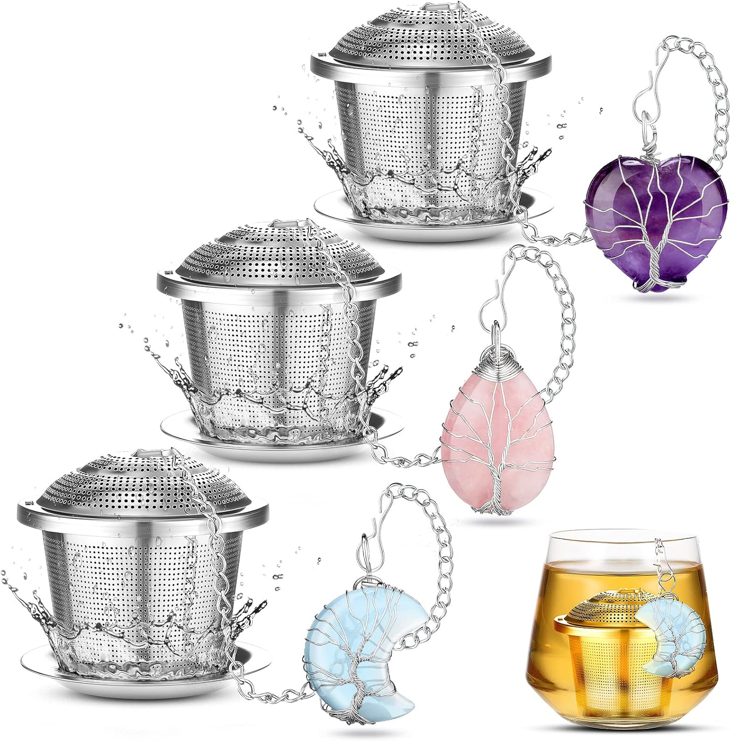 3 Sets Tea Infusers Steeper for Loose Leaf Tea Holder Stainless Steel Tea Ball Mesh Strainer Filters with Drip Trays and Pendant(Insects Style) - Image 9