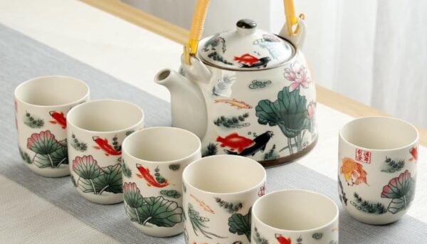 MOZEO 27oz Large Teapot Set Ceramic Tea Maker with Stainless Steel Infuser for Loose Leaf Tea or Bags Tilting Pot Floral Tea Kettle with 6pcs Cups (Lotus)