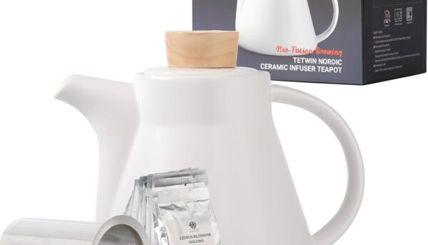 TETWIN Ceramic Teapot with Infuser, 25oz White Tea Pot with 8 Loose Leaf Tea Sampler Gift Set u2013 Porcelain Teapot for Loose Tea, Elegant Nordic Design, Dishwasher Safe
