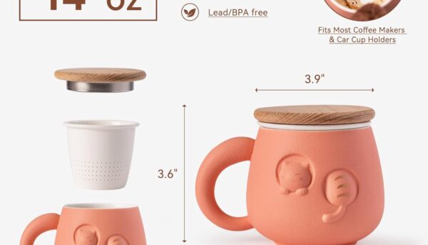 Alternative view of XIYUANJI Tea Cup with Infuser and Lid 14oz - Pink Ceramic Cat Mug with Wood Lid, Cute Loose Leaf Tea Set, Anniversary Birthday Gift for Women Cat Lovers