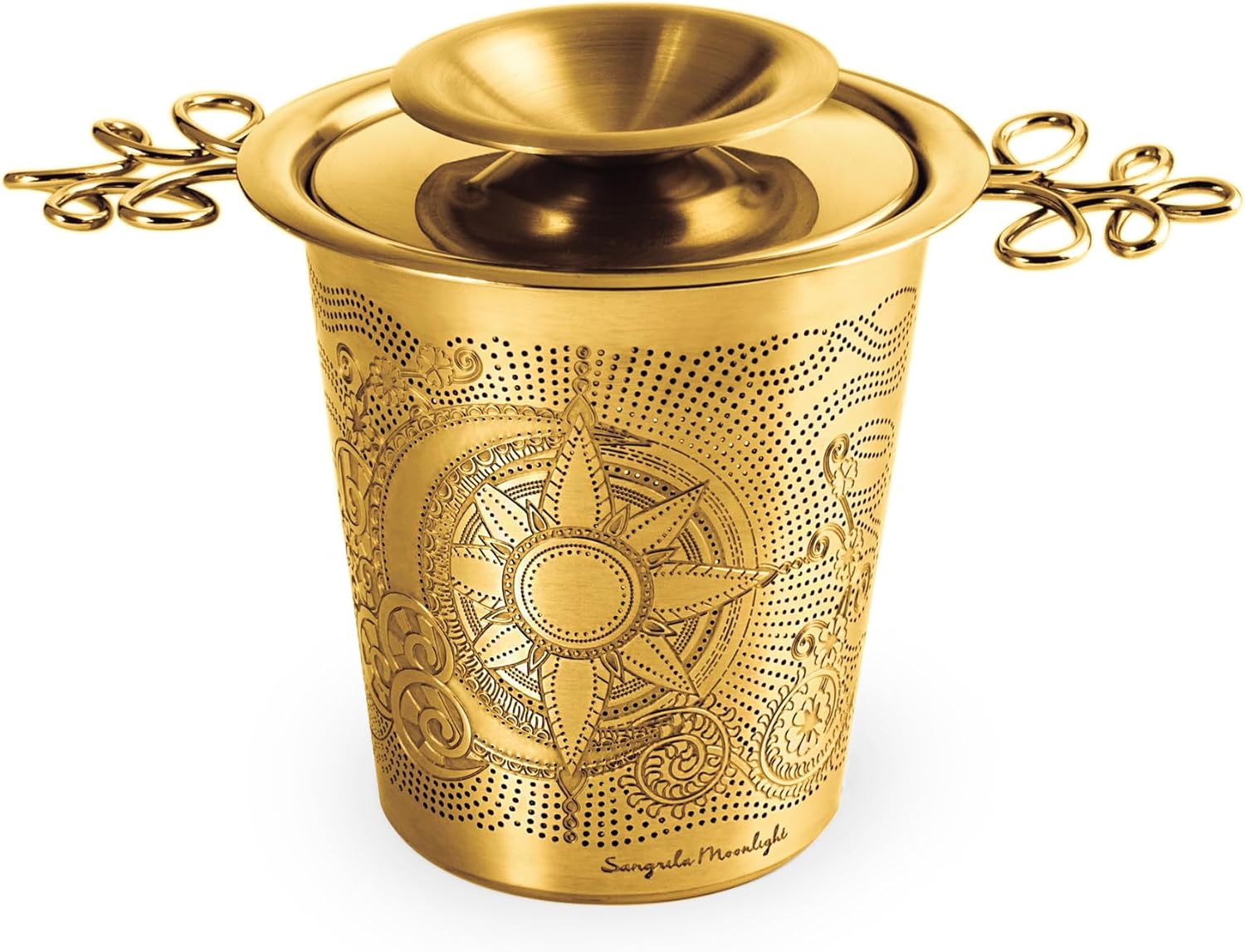 Luxury Tea Strainer Basket Gift Set - Gold Plated Infuser with Engraved Floral Motifs, Crystal Accent Chain for Loose Leaf Tea, Fine Mesh Filter & Ergonomic Handle