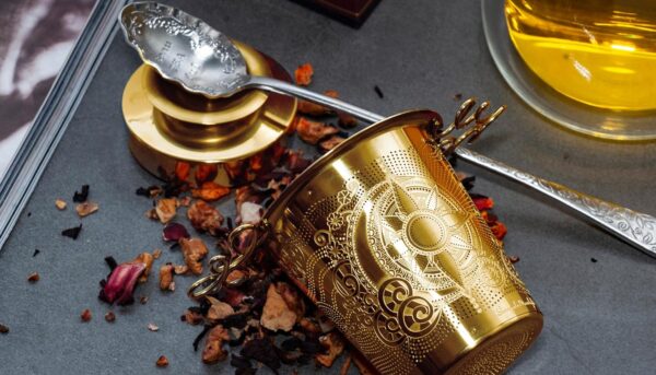Alternative view of Luxury Tea Strainer Basket Gift Set - Gold Plated Infuser with Engraved Floral Motifs, Crystal Accent Chain for Loose Leaf Tea, Fine Mesh Filter & Ergonomic Handle