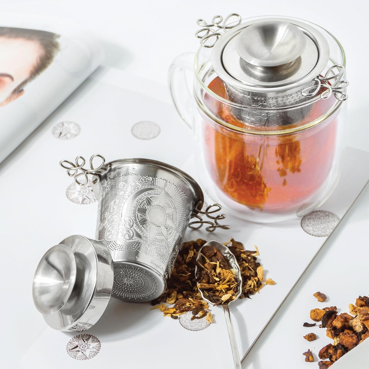 Luxury Tea Strainer Basket Gift Set - Gold Plated Infuser with Engraved Floral Motifs, Crystal Accent Chain for Loose Leaf Tea, Fine Mesh Filter & Ergonomic Handle - Image 4