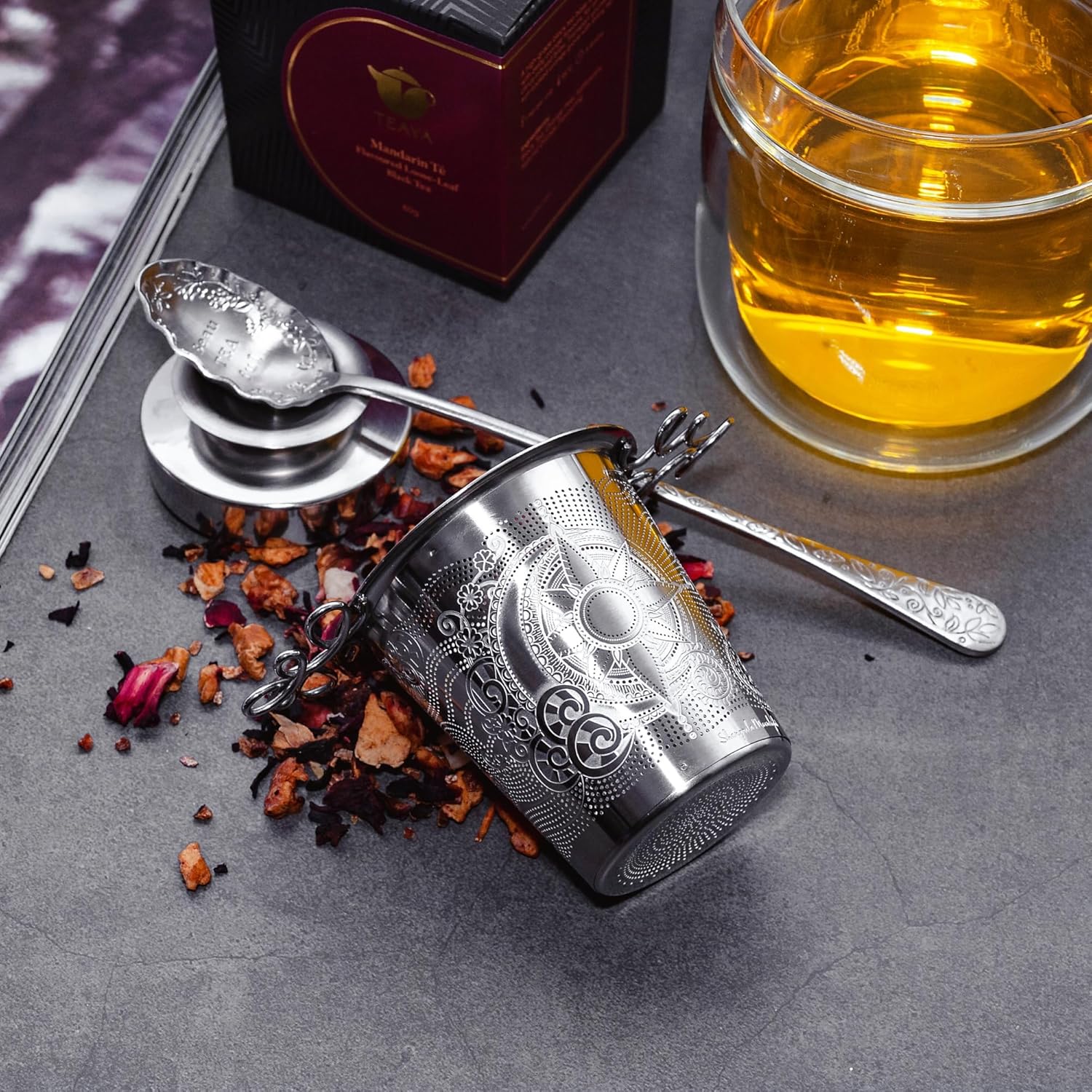 Luxury Tea Strainer Basket Gift Set - Gold Plated Infuser with Engraved Floral Motifs, Crystal Accent Chain for Loose Leaf Tea, Fine Mesh Filter & Ergonomic Handle - Image 5