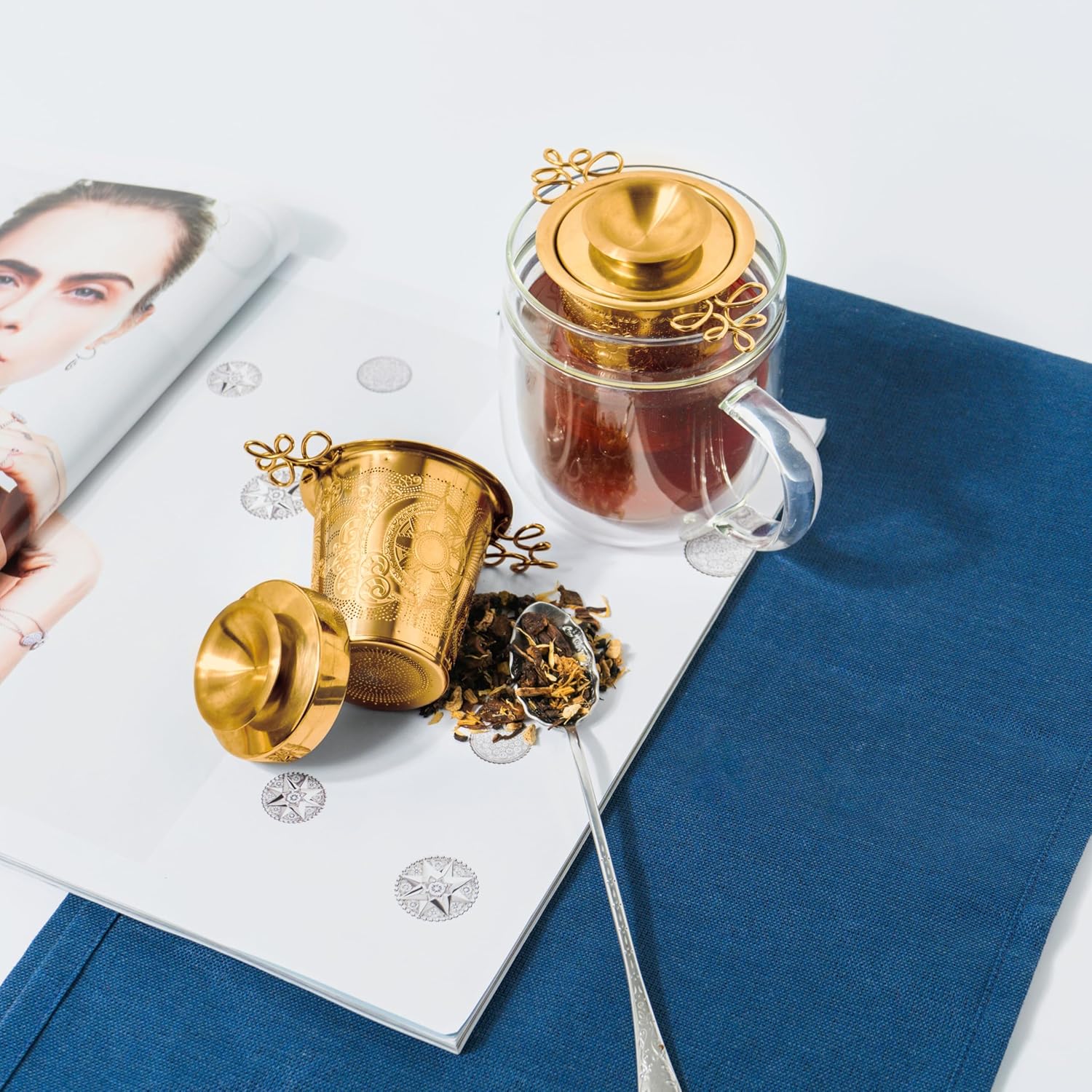 Luxury Tea Strainer Basket Gift Set - Gold Plated Infuser with Engraved Floral Motifs, Crystal Accent Chain for Loose Leaf Tea, Fine Mesh Filter & Ergonomic Handle - Image 7