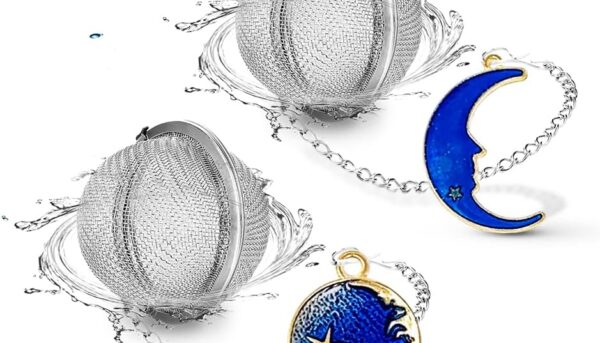 NSTaygate 2pcs Tea Infuser, Tea Strainers for Loose Tea, Gold Plated Enamel Moon Star Celestial Charm Pendant Tea Ball Set Loose Tea Steeper Gifts for Women